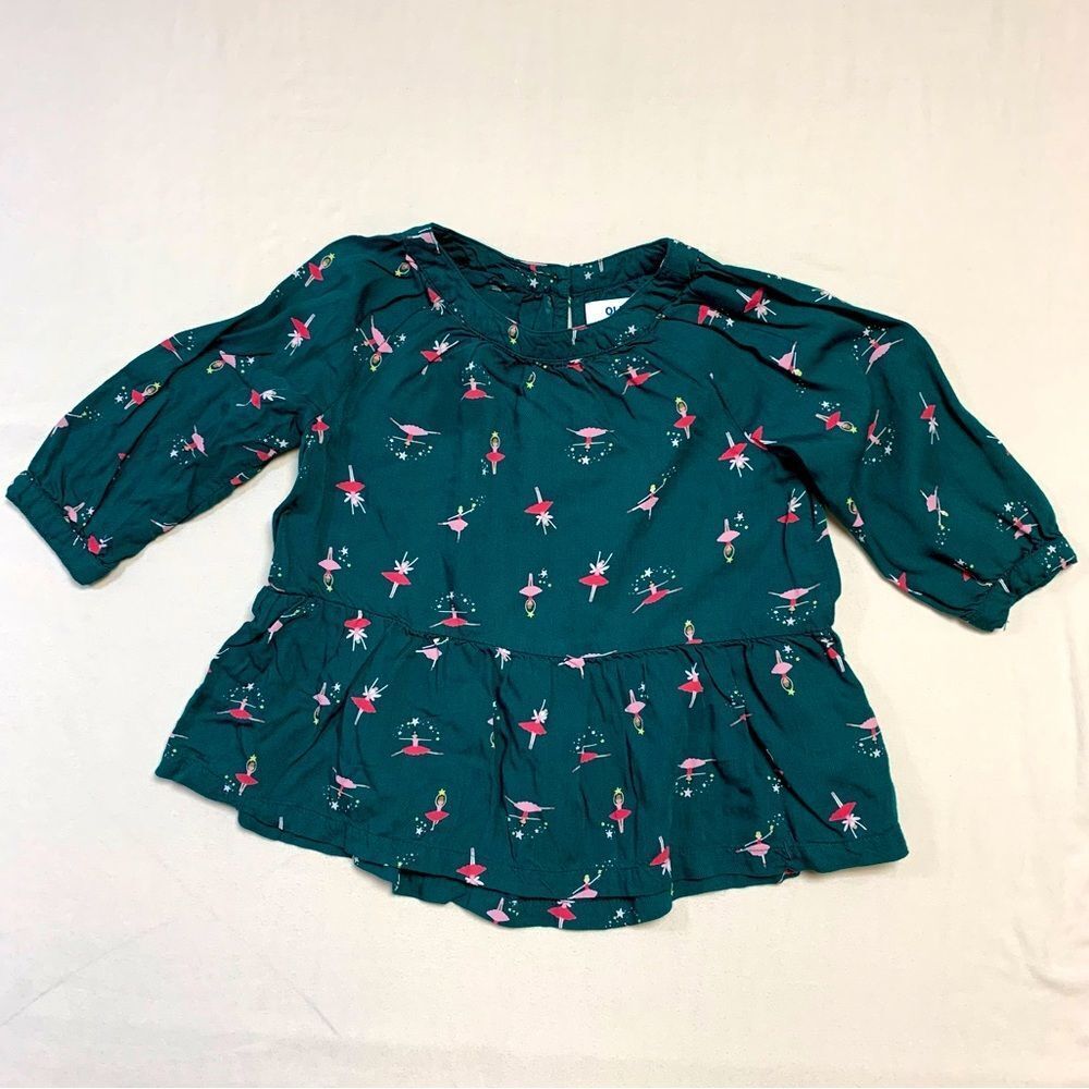 🆕 Ballerina Shirt Girl’s 5T Green Blouse Dancing Tutu Pattern Peplum Ruffle Hem